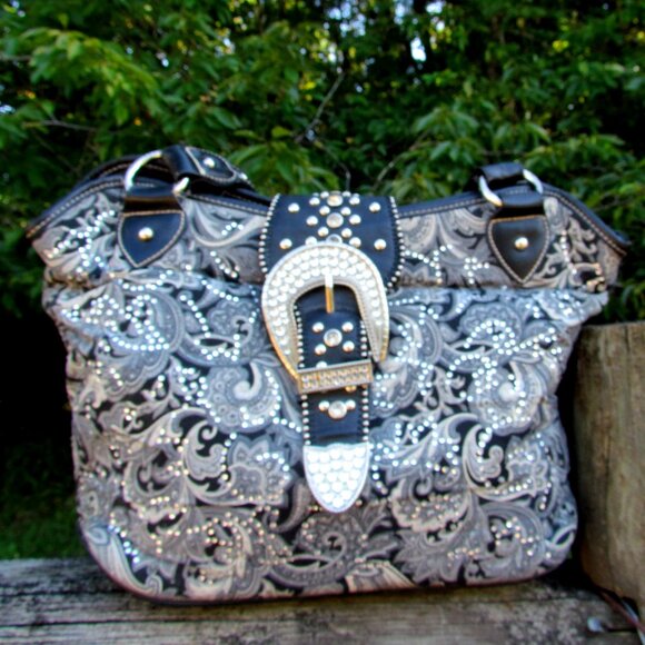 WESTERN BAG, BLING BUCKLE, SPARKLY RODEO RANCH COWGIRL HANDBAG, MOUNTAIN WEST - Picture 6 of 14